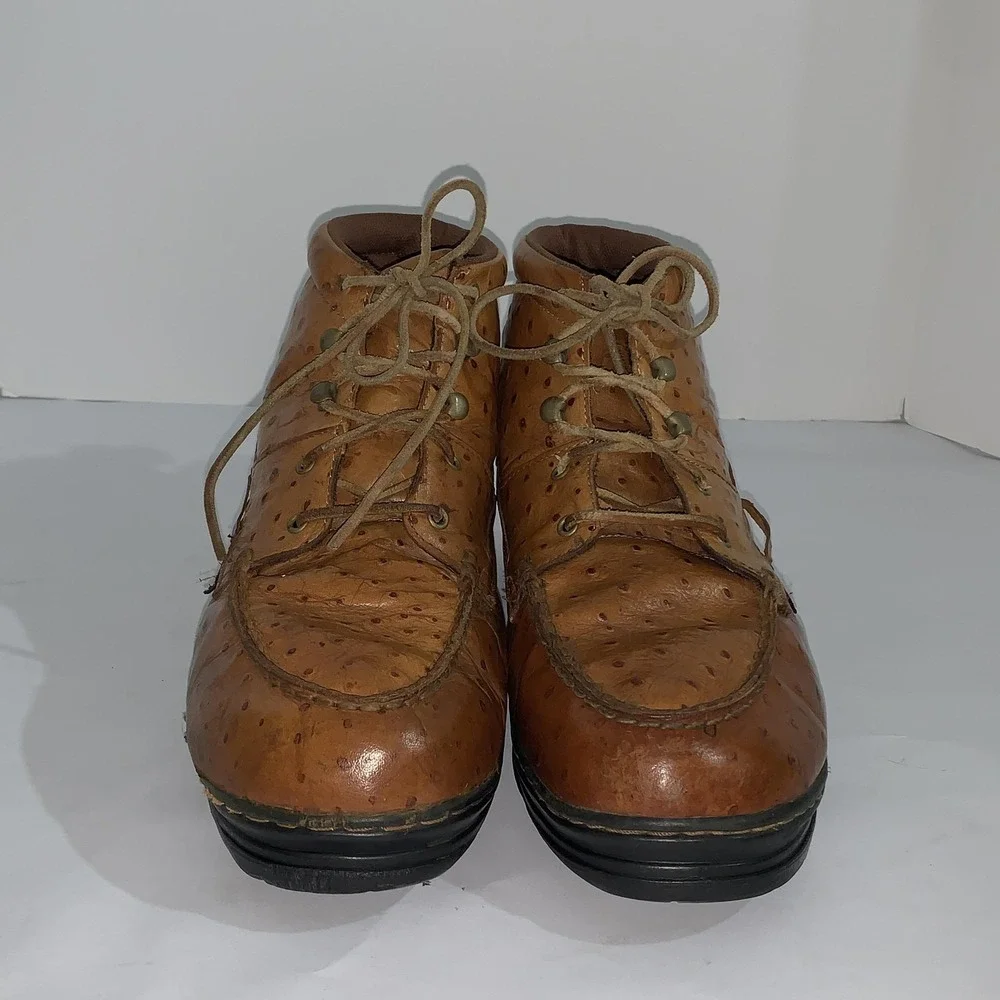 Justin Vintage Ankle Boots Mens 13M Brown Leather Ostrich Print Moc Toe Work 910